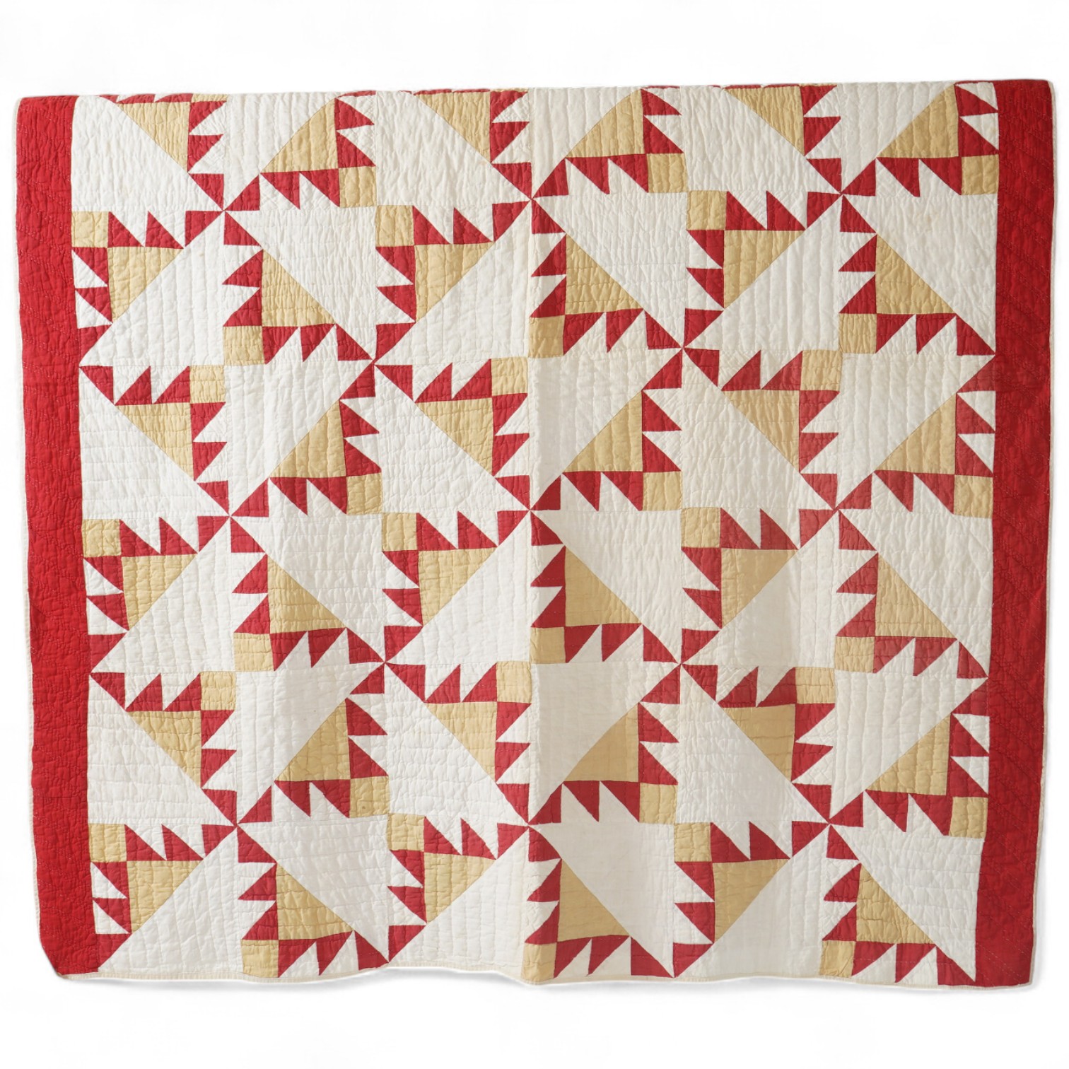 An early 1920’s-30’s American Virginian hand patch work, hand quilted bed cover. Called ‘Delectable Mountain Block’, worked in plain cottons of red, white and ochre, with a plain white backing and simple wadding. 182cm x